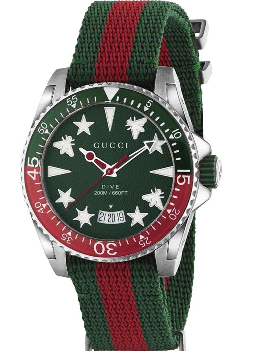 Gucci Green and Red Web Stripe Dive Watch with Star and Bee Markers